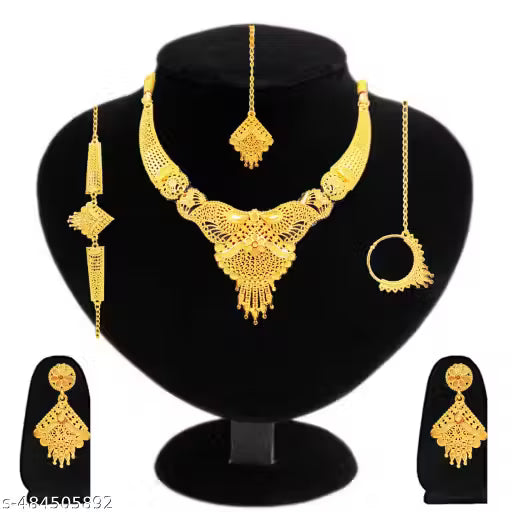 SDR Golden Necklace with earrings nathiya maangtika and bracelet set jewellery set
