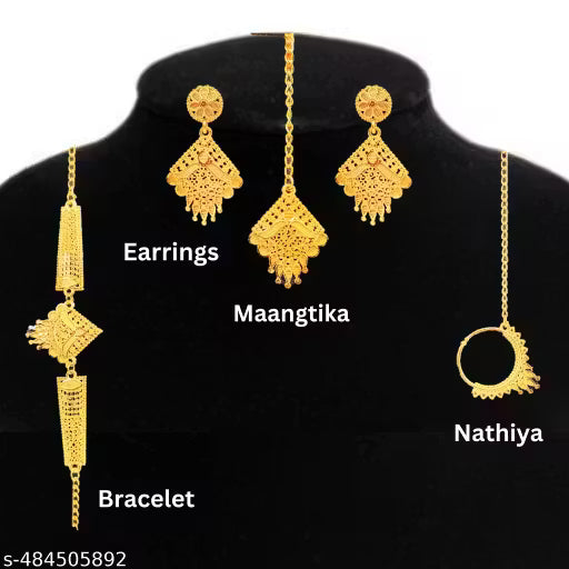 SDR Golden Necklace with earrings nathiya maangtika and bracelet set jewellery set