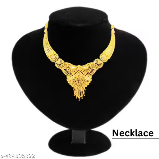 SDR Golden Necklace with earrings nathiya maangtika and bracelet set jewellery set