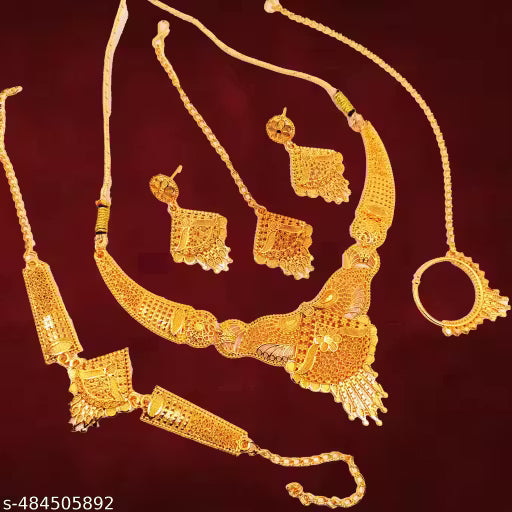 SDR Golden Necklace with earrings nathiya maangtika and bracelet set jewellery set